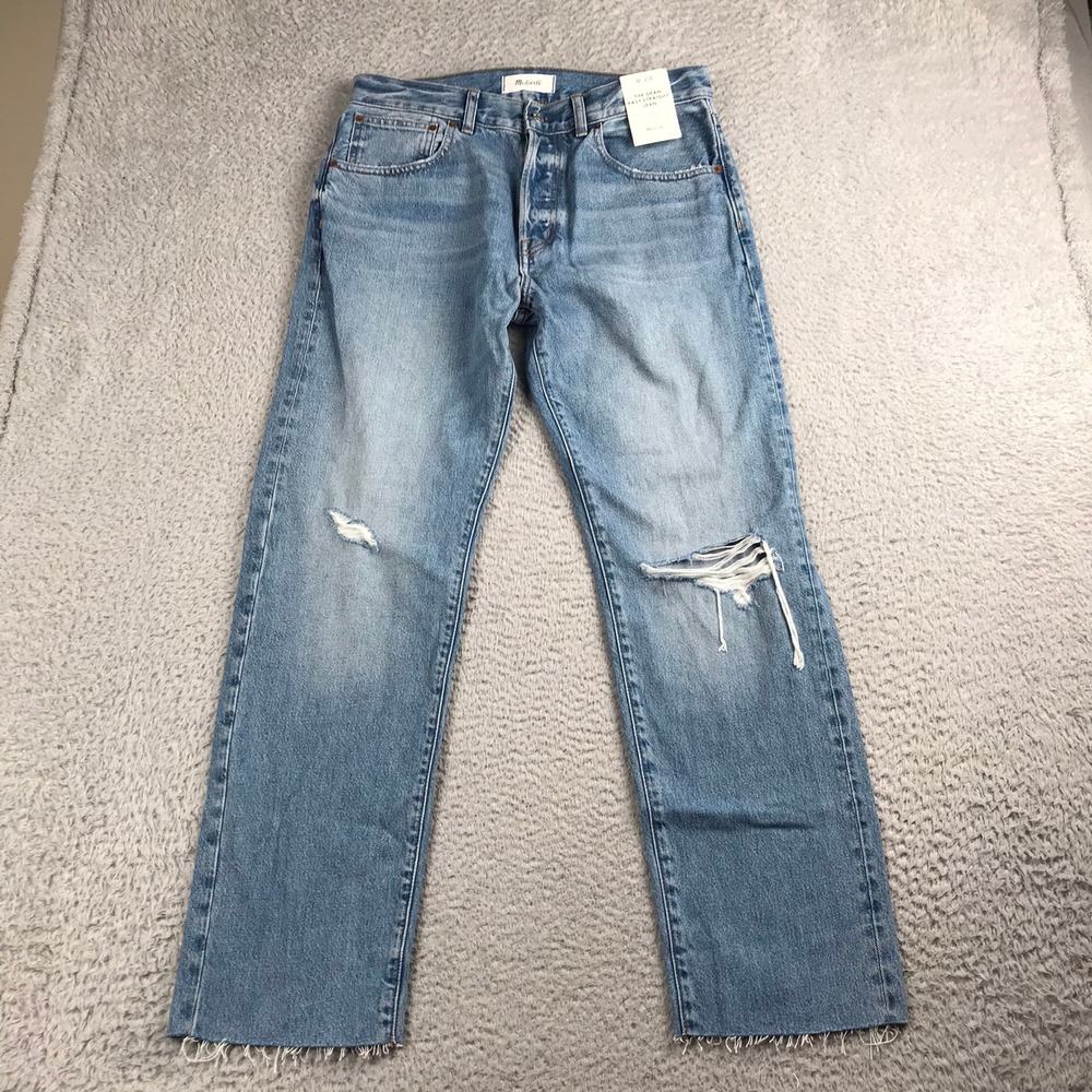 Madewell The Dean Easy Straight Jean Womens 28 Blue Distressed Raw Hem NEW NWT